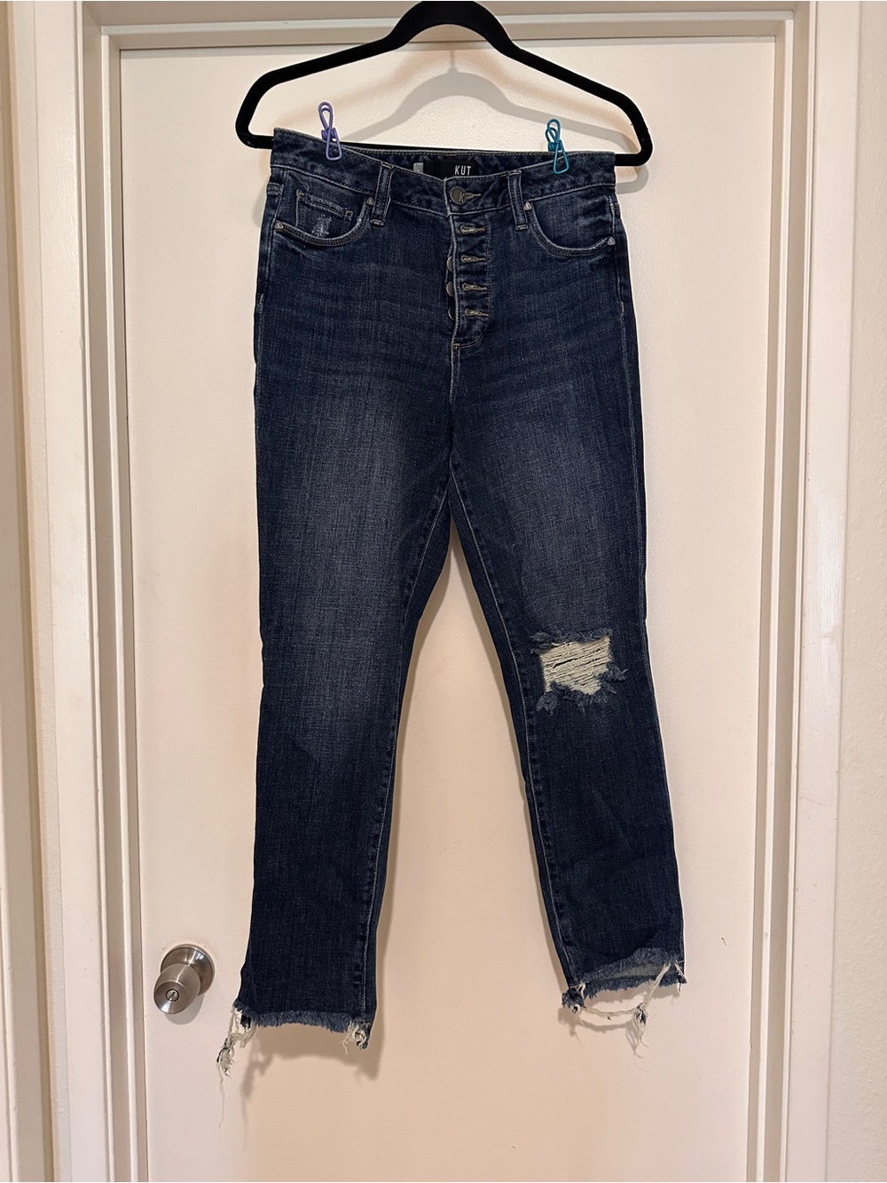 Kut from the Kloth Dark Blue High-Rise Distressed Ankle Jeans
